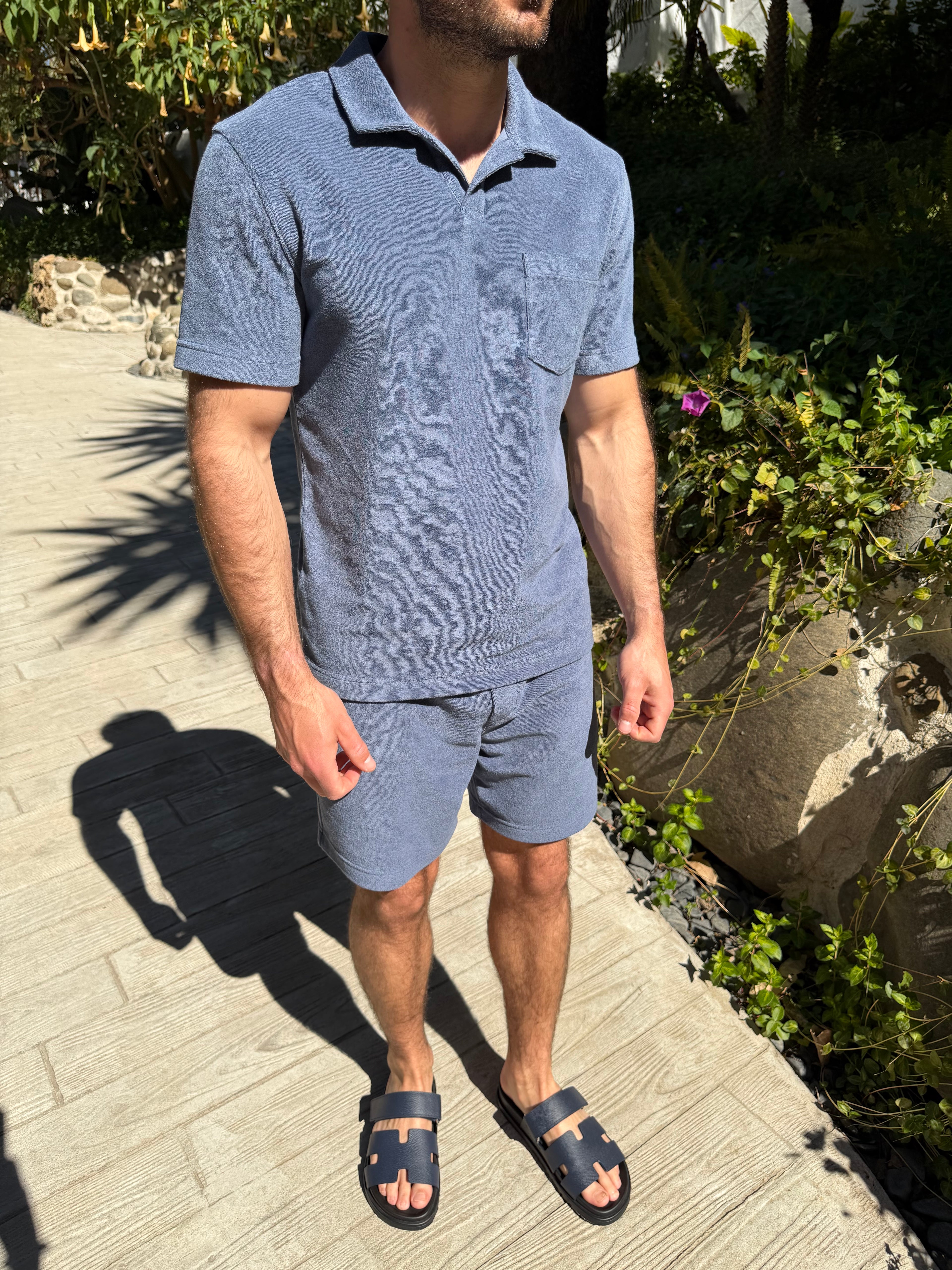 Terry Towelling Polo Shirt - Deep Blue